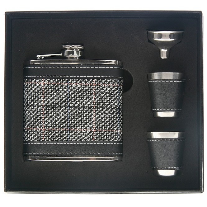 Grey Tweed Hip Flask with 2 Cups